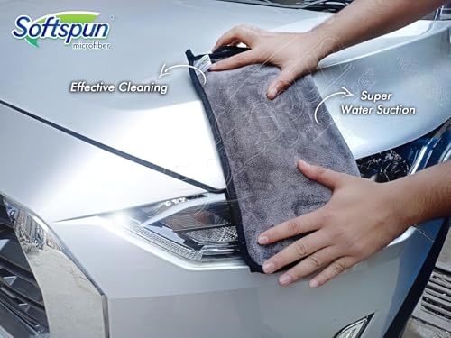Image of SOFTSPUN Microfiber Super Absorbent Cloth 500 GSM 40X40 cms Pack of 5 Grey! Silk Banded Edge Towel Set Extra Thick Microfiber Cleaning Cloths Perfect for Bike Auto Cars Both Interior and Exterior.