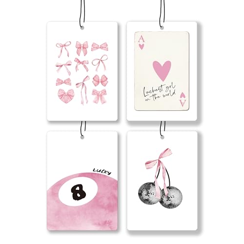 Image of Pink Coquette Bow Preppy Lavender Car Air Freshener, Trendy Funky Cherry Lucky 8 Ball Hanging Air Freshener 4 Pcs for Cars Closet Drawer Books, Cute Girly Car Accessories Mirror Decor for Women