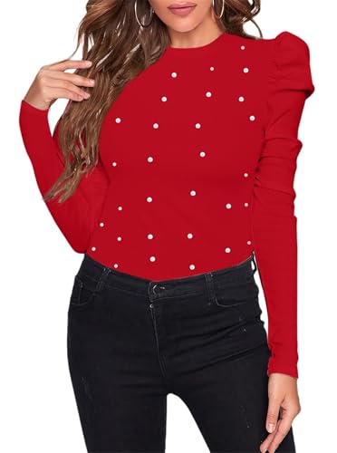 Remidoo Women's Pearl Puff Long Sleeve Sweater Crewneck Slim Fit T Shirt Blouse Hot Pink Large