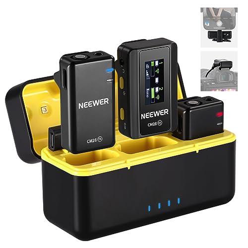 Neewer CM28 Wireless Lavalier Microphone System with Charging Case, 1 Click Noise Canceling, 4GB Storage for 9Hrs of 48KHz 16 Bit Uncompressed Audio Lapel Mic Compatible with iPhone/Android/PC/Camera