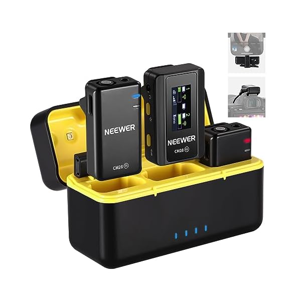 Neewer CM28 Wireless Lavalier Microphone System with Charging Case, 1 Click Noise Canceling, 4GB Storage for 9Hrs of 48KHz 16 Bit Uncompressed Audio Lapel Mic Compatible with iPhone/Android/PC/Camera