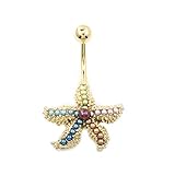 BodyJewelryOnline Belly Button Ring with Fancy Starfish with Multicolored Faux Pearls 14G