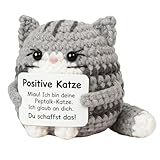 PDirat Positive Gehäkelte Katzen, Emotional Support Geschenk, Handmade Katzen Deko, Gehäkelte Kuscheltiere, Graue Häkelkatze Für Frauen, Freunde, Kollegen, Familie