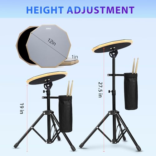 12 Inch Practice Drum Pad with Stand, Sticks and Drum Stick Bucket, Beginner Snare Drum Pad with Drumsticks(one pair) and Carrying Bag, Double Sided Silent Drum Pad (Gray)