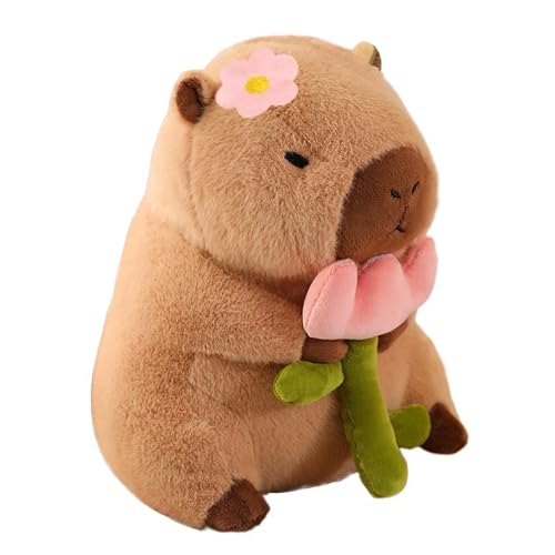 Karoeiwa Capybara Plush Holding Flower 11 inch Cute Tulip Capibara Stuffed Animal Ultra Soft Plushies Toys Kawaii Gifts for Kids Brown