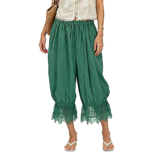 Image of KOSUSANILL Women Long Bloomer Pants Lace Trim Ruffle Pantaloons Cropped Lounge Pajama Bottoms Y2K Capri Pettipants