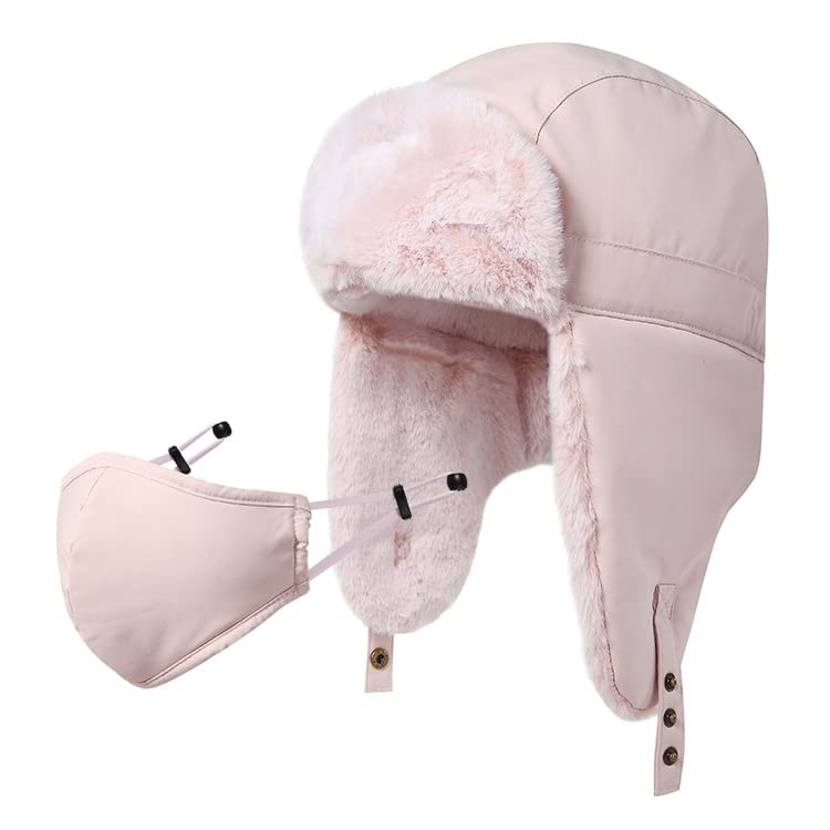 Cappello da cacciatore invernale unisex da uomo Cappello caldo da donna con paraorecchie in pelliccia sintetica spessa e morbida Impermeabile Protezione calda per il viso Protezione d/pink/L