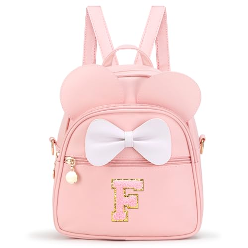 Cozystep Mini mochila para meninas com inicial de laço para crianças, presente moderno personalizado para adolescentes e crianças, Rosa-f, F