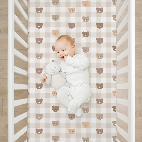 Image of 4 Pack Teddy Bear Crib Sheet Set for Boys or Girls, Neutral Soft Breathable Fitted Checkered Crib Sheet, Bear Nursery Decor for Standard Crib and Toddler Bed Mattresses 28 x 52 in