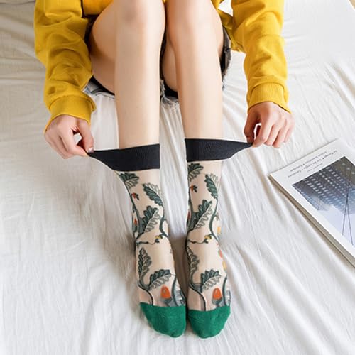 Image of RosyClouds Floral Jacquard Mesh Socks for Women, Summer See Through Sheer Elastic Crew Socks Flowers Crystal Glass Socks 6 Pairs