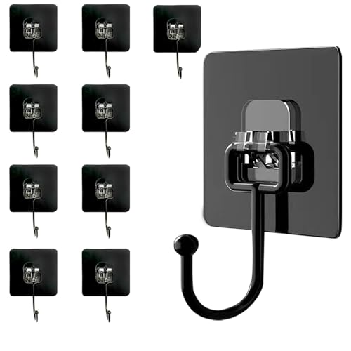 sundrerfect Ganchos Autoadhesivos - Paquete de 10 (Capacidad Máxima 50 kg) Ganchos Adhesivos Extra Fuertes Negros Impermeables y Sin Rastro para Baño, Techo, Pared, Cocina, Llaves, Ropa y Mochilas