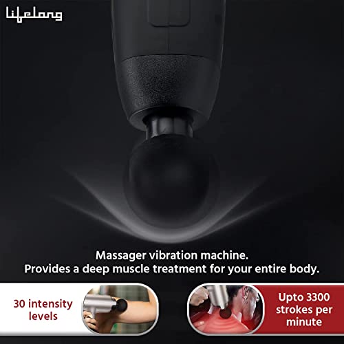 Image of Lifelong Gun Massager | Percussion for Full Body Pain Relief | 6 Heads | LED Touch | 30 Speed Levels | 1 Year Warranty (LLGM09, Black)