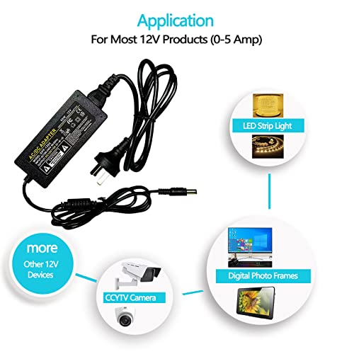 Image of Neon Sign DC Power Supply Adapter 12V 5A 60W, UL Listed LED Power Adapter 120V AC to 12V DC Transformer for LED Strip Lights Neon Sign and More