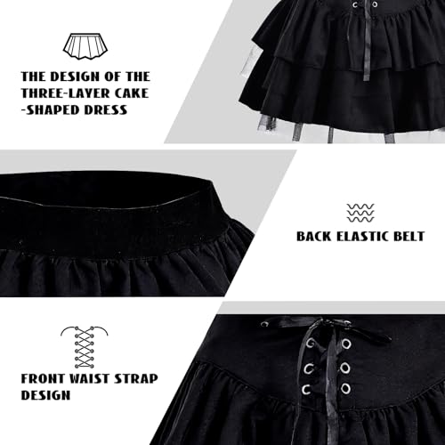 Gothic Rock Damen Minirock A-Linie Rock XL,Hochtaillierter Minirock mit Kordelzug & Maschenrand,Einstellbar Goth Skirt,Stufenrock Mädchen Kuchenrock für Halloween Karneval Cosplay Geschenk (41CM)