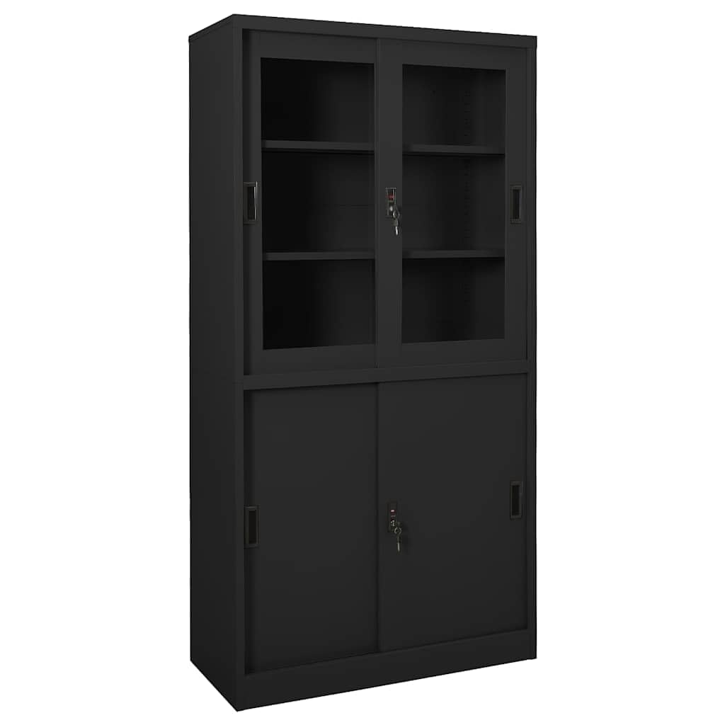 Armario de oficina con puerta corredera antracita 90 x 40 x 180 cm de acero y vidrio templado, con cerradura, con 3 estantes ajustables, ideal para oficina, sótano, garaje, con espacio de