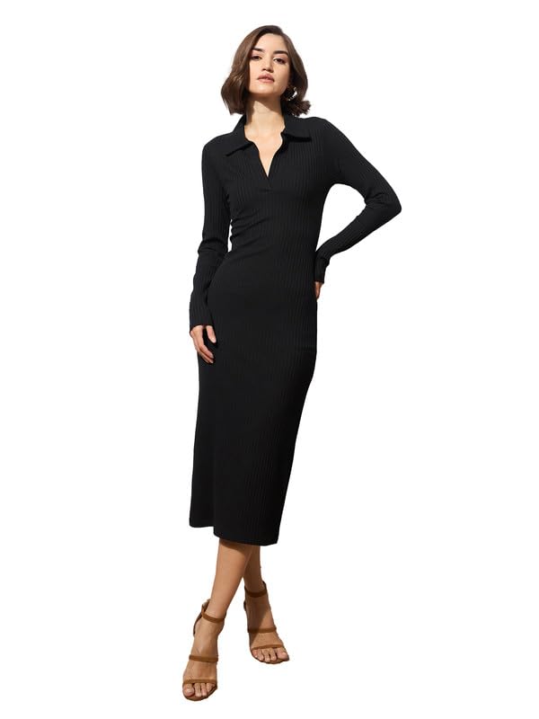 Image of barcino Black Rib Polo Neck Bodycon Midi Dress