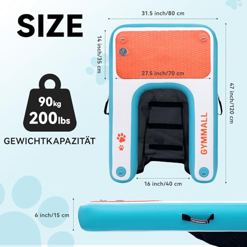 GYMMALL Aufblasbare Hundeplattform Blau 82x120cm, Rampe Hund für Boote, Hunde Pool, Seen und Meer, rutschfeste Sicherheitsplattform bis 90kg, Eva-Hunderampe mit Schwimmleiter