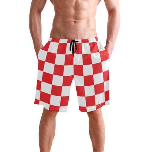 Red and White Checkerboard Plaid Men's Beach Shorts Swim Trunks Men Board Shorts Quick Dry with Mesh Lining Pockets
