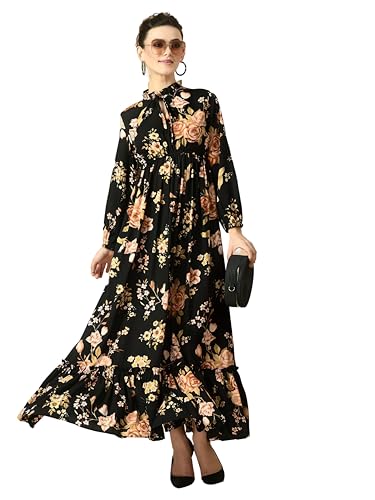 Image of KZULLY | Floral Printed Maxi Dresses for Women | Long Sleeve Beautiful Floral Patterns | Stylish and Elegant Dress | Tie Neck