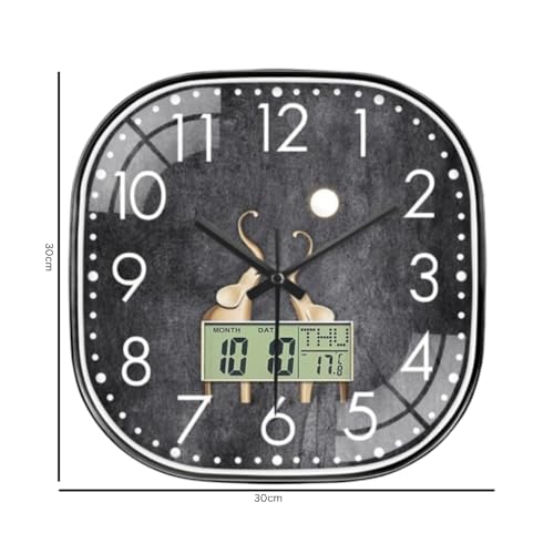 Image of Ash & Roh 12 Inch Silent Quatrz and Non-Ticking Wall Clock with Easy to Read Number and Analog Display Stylish & Decorative Design for Office, Living Room, Bedroom (Elephant Digital Square)