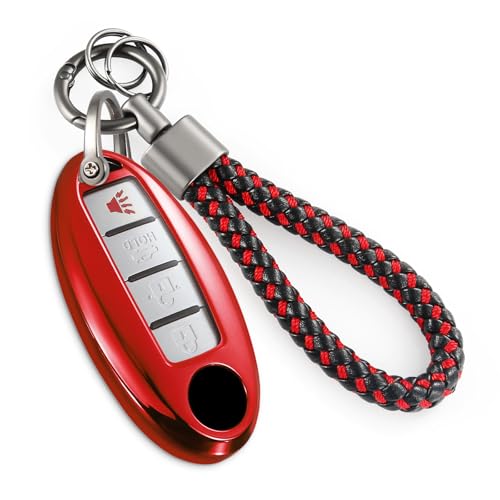 Coverforkey for NS Key Fob Cover with Upgraded Anti-Lost Metal Braided Rope Keychain Exquisite Soft Case for Leaf Murano Pathfinder Rogue Titan Versa Infiniti 370Z (Red A)