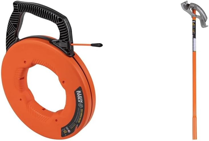 Klein Tools 56383 Non-Conductive 100-Foot Electrical Fish Tape & 51607 Aluminum Conduit Bender Full Assembly, 3/4-Inch EMT, 1/2-Inch Rigid, Wide Foot Pedal, Benchmark Symbols and Angle Setter