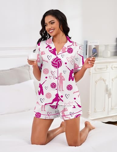 SHESHOW Pajamas for Women Set Satin Button Down Short Sleeve Top and Shorts Pjs Sets Sport Ball Print Sleepwear XS-XXL4