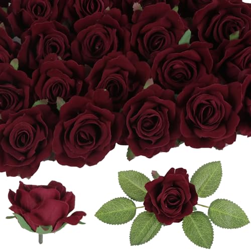 IPOPU 25pcs Burgundy Artificial Roses 2.75in Faux Velvet Roses Flowers