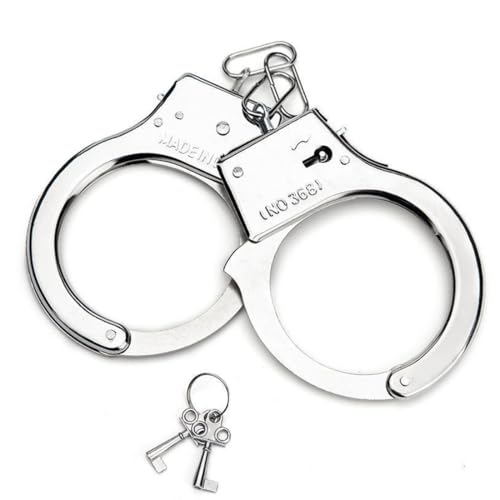 Handschellen Polizei Kostüm mit Schlüssel Echt Stahl Polizist Zubehör Sträfling Accessoires Polizei Handschellen zum fesseln mit Schlüssel echte Profi Handschellen aus gehärtetem Stahl in silber