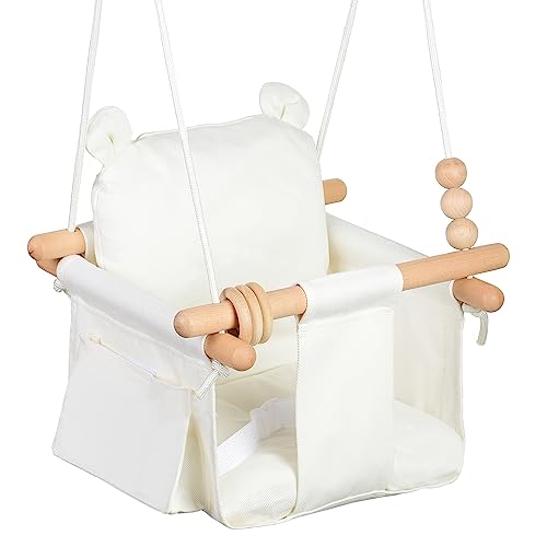 Image of Canvas Baby Swing Seat Wooden Baby Hanging Swing Door Swing Baby Toddler Cream Indoor Baby swingSwing with Safety Belt and 2 Side Pockets for Indoor Playground Sport & Outdoor Play Toys