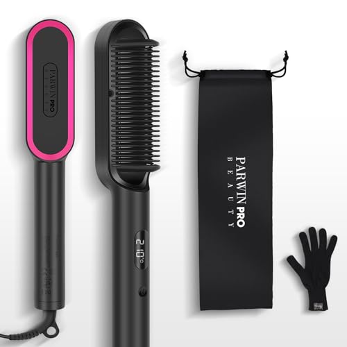 Ionen Glättbürste, PARWIN PRO BEAUTY Haarglätter Bürste, Glättungsbürste Mit LED-Anzeige, Hair Straightener Brush Mit Verbrühungsschutz, 20s Schnelles Aufheizen, 4 Temperatureinstellungen (Schwarz)