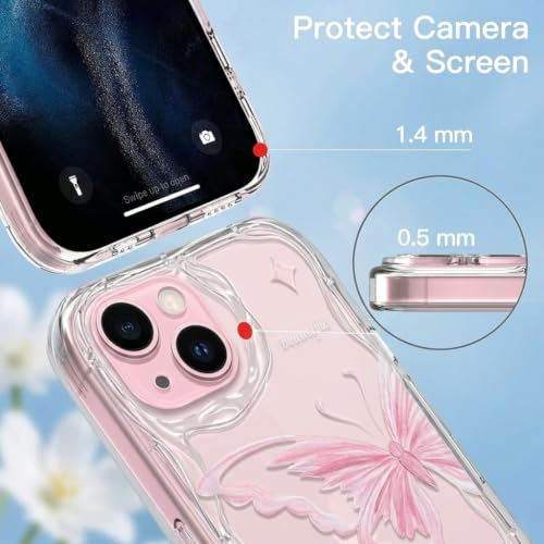 Image of VONZEE Cute Pink Butterfly Transparent Back Cover for iPhone 15| Clear Shockproof TPU Protective Case | Slim Anti-Yellowing Crystal Clear Phone Cover for Girls and Women