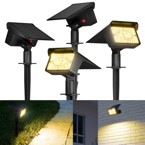 FLOWood Solarlampen für Außen Garten 3000K Warmweiß Solar Strahler 4 Stück 1500mAh IP68 Wasserdicht 3 Helligkeitsmodi LED Gartenleuchten für Garten Rasen Auffahrt Gehweg & Patio