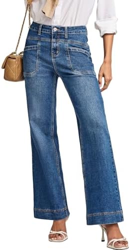 EVALESS Jeans for Women Wide Leg High Waisted Stretchy Straight Bootcut Jeans Petite Trendy Fall 2025 Control Tummy Casual Loose Fit Denim Pants Womens Fashion Clothing Ashleigh Blue Size 4