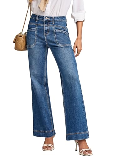 EVALESS Jeans for Women Wide Leg High Waisted Stretchy Straight Bootcut Jeans Trendy Fall 2025 Control Tummy Casual Loose Fit Denim Pants Womens Fashion Clothing Ashleigh Blue Size 10
