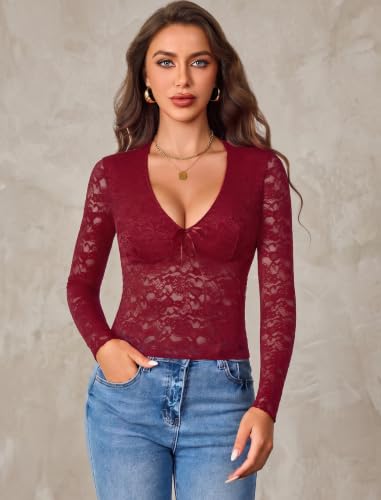 Avidlove Women's V-Neck Long Sleeve Lace Mesh Shirt w/ Lined Front Bra Area (7 Colors, Sizes X-Small - XX-Large) - image 3