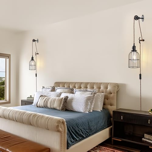 Image of Plug in Pendant Light Set of 2,Industrial Hanging Lamps that Plug into Wall Outlet,Farmhouse Pulley Pendant Light with Plug in Cord, Wall Lamps for Bedroom Living Room Kitchen.