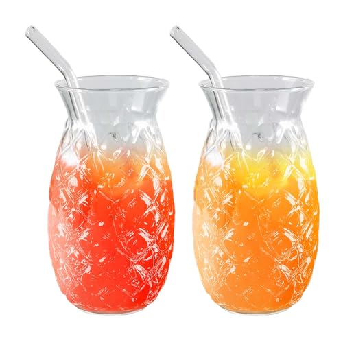 2 Pcs Retro Ribbed Water Drinking Glasses with Glass Straws Pineapple Clear Glass Ice Coffee Cups 480ml for Coocktail Whiskey Beer Water Juice Milk