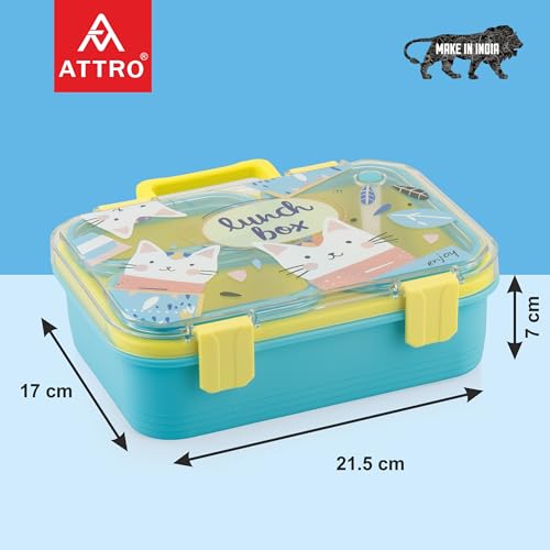 Image of ATTRO Kitty Kart Plastic Lunch Box - 3 Compartment Bento Tiffin, Leak-Proof & Durable, Plastic Cutlery, Ideal for Kids, School,Picnic - 800ml, Yellow Blue