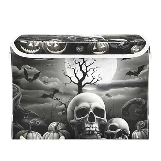 Skull Pumpkin Night Lidded Storage Bins with Handles - 16.5x12.6x11.8 Foldable Organizing Box, Oxford Fabric & Honeycomb Board, Dust-Proof Flip Lid for Closet/Office