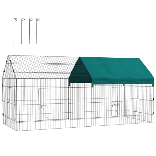 PawHut Parc enclos Cage Lapin extérieur, 220 x 85 x 103 cm, Structure Acier avec 2 Portes verrouillables et Protection Pare-Soleil Toit, Convient aux cochons d'Inde,...