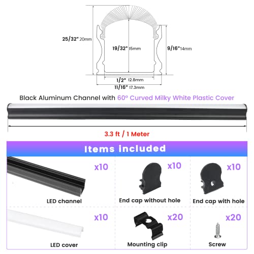 Image of Muzata 10Pack 3.3FT /1M Excellent Spotless LED Channel System with Milky White Cover Black Aluminum U Shape LED Strip Diffuser Channel U108 BW 1M