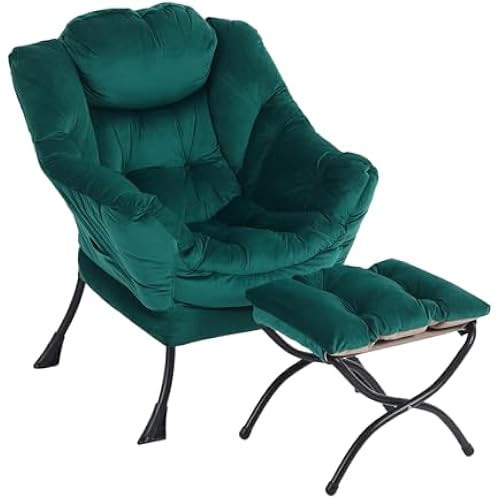 Furlide Lazy Chair with Ottoman, Comfy Velvet Reading Chair for Bedroom，Dark Green