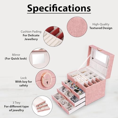 Image of BucketList Luxury PU Leather Jewellery Organizer Box with Mirror & Lock | 3 Drawer Jewelry Storage Case with Ring Rolls & Compartments (4 Drawers Jewelry Box with Mirror (Pink))