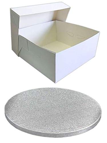 Single White Cake Box and Silver Round Board Pack - Thick Drum for Wedding, Party etc (6 Inches)