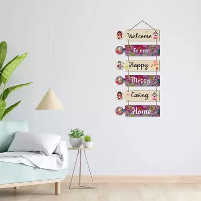 Image of Welcome to Our Happy Messy Caring Home Wall Hanging Decor | Wooden Hanging Quote for Living Room, Bedroom, Entrance | Home Decoration Item