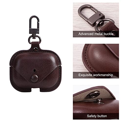 Image of Genuine Leather Case Compatible with AirPods Pro 3rd Gen (2025), VOMA Protective Cover for Apple AirPods Pro 3 Wireless Charging Case with Keychain and Snap Lock Chocolate Brown