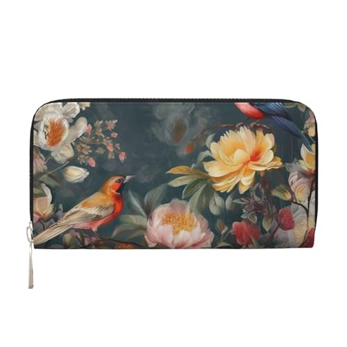 Pu Leather Wallet For Women Girl, Zip Around Credit Card Holder Flowers Birds Long Wallet Clutch Purse Waterproof Travel Handbag