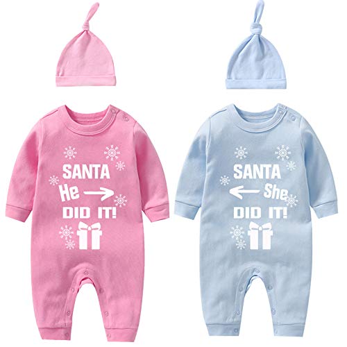Image of YSCULBUTOL Baby Twins Bodysuits He/She Did It Twin Outfit Girl Romper With Hat Set