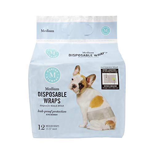 MARTHA STEWART for Pets Male Dog Wraps | Disposable Male Dog Wraps Size Medium 15"-23" Waist | 12 Pack Disposable Dog Diapers for Male Dogs, Leakproof and Absorbent Male Dog Wraps for Mid Dogs